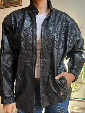 Comint Black Textured Leather Bomber Jacket